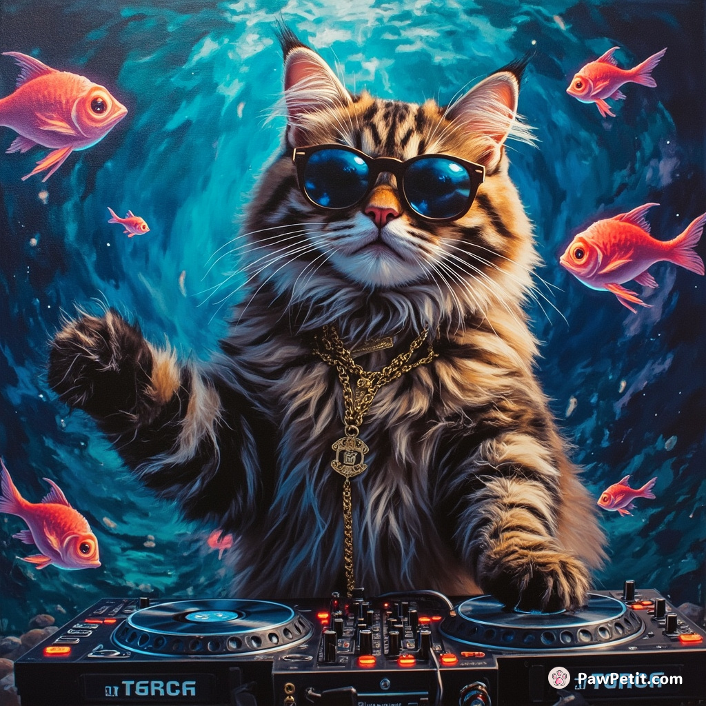 A royal Persian cat DJing at an underwater disco party, surrounded by neon-lit fishes.