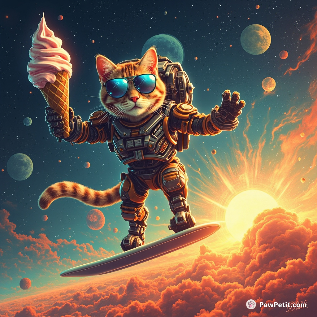 Cybernetic space cat surfing on a supernova while savoring a pigeon-flavored ice-cream cone.