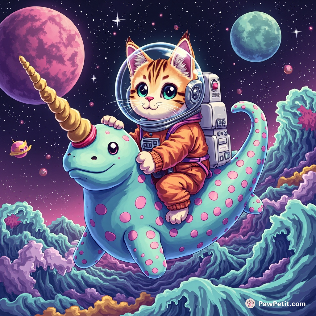 A psychedelic astronaut cat merrily riding a polka-dot narwhal across mathematical fractal waves in tie-dye space.