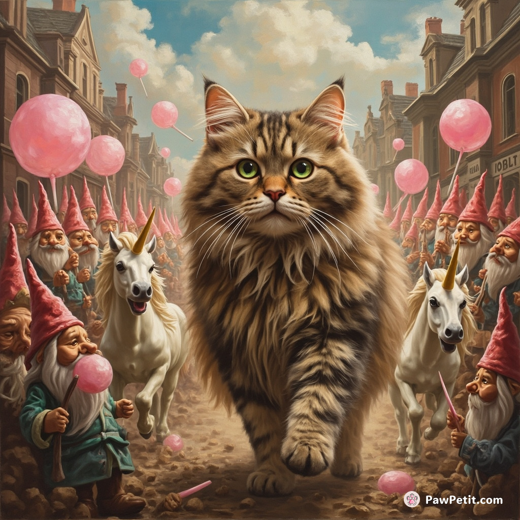 A regal Persian cat leading a tiny unicorn army in an epic bubble gum battle against pesky garden gnomes.