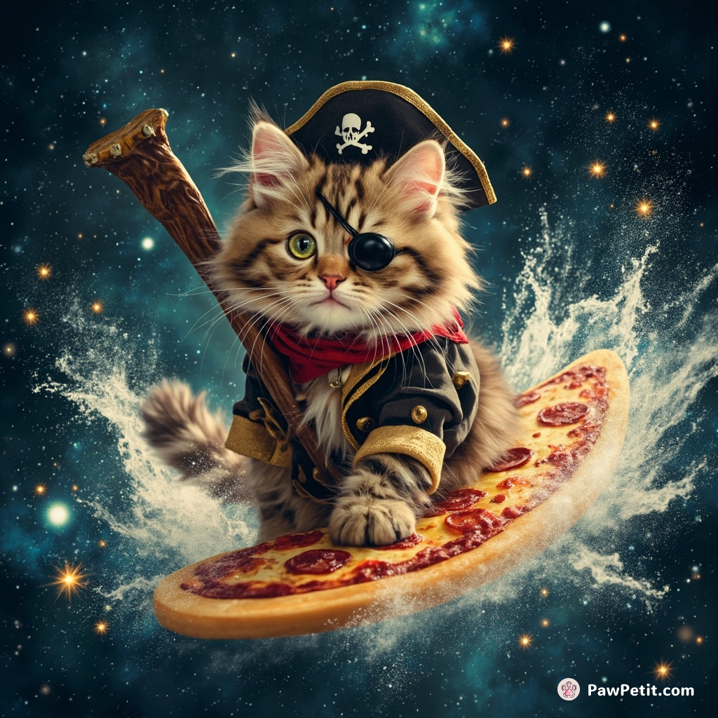 Cat dressed as a pirate, surfing a pizza slice in a sea of sparkling galaxy.