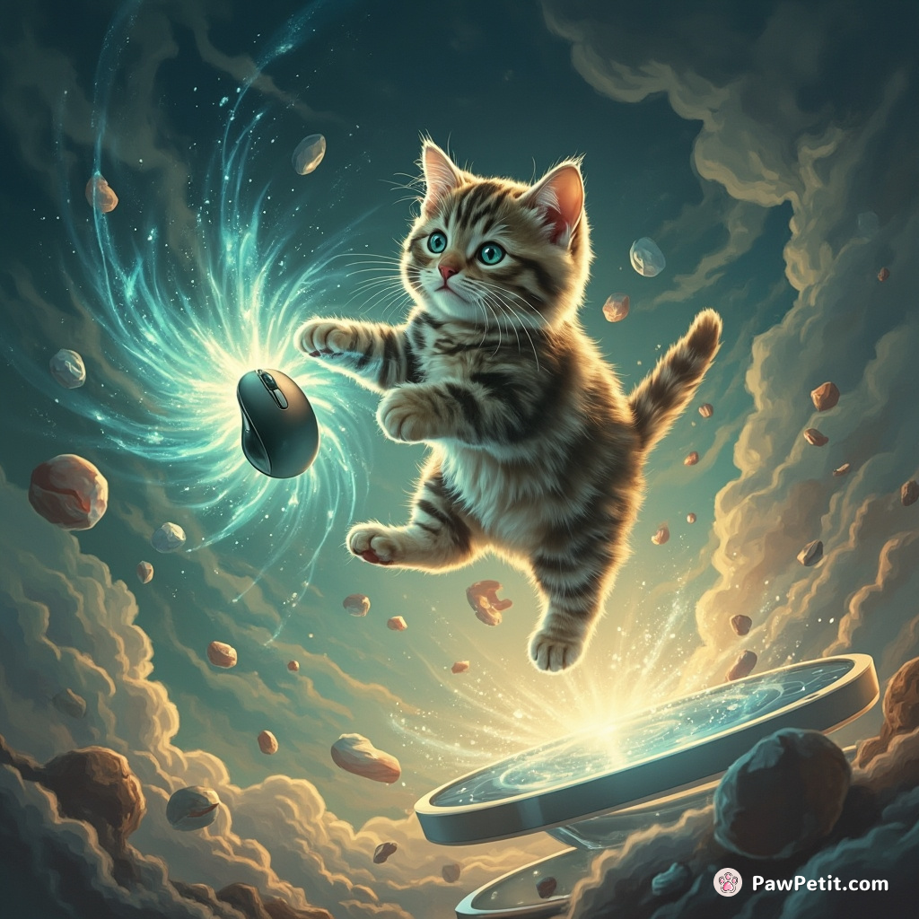 The cat, effortlessly leaping across floating digital platforms, materializes a holographic mouse in one dynamic swipe of its paw.
