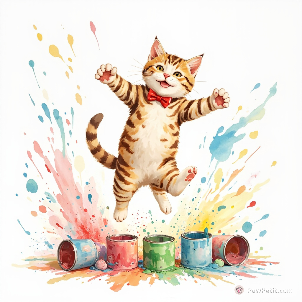 Cat leaps wildly, knocking over paint cans, splattering vibrant colors in a chaotic dance.