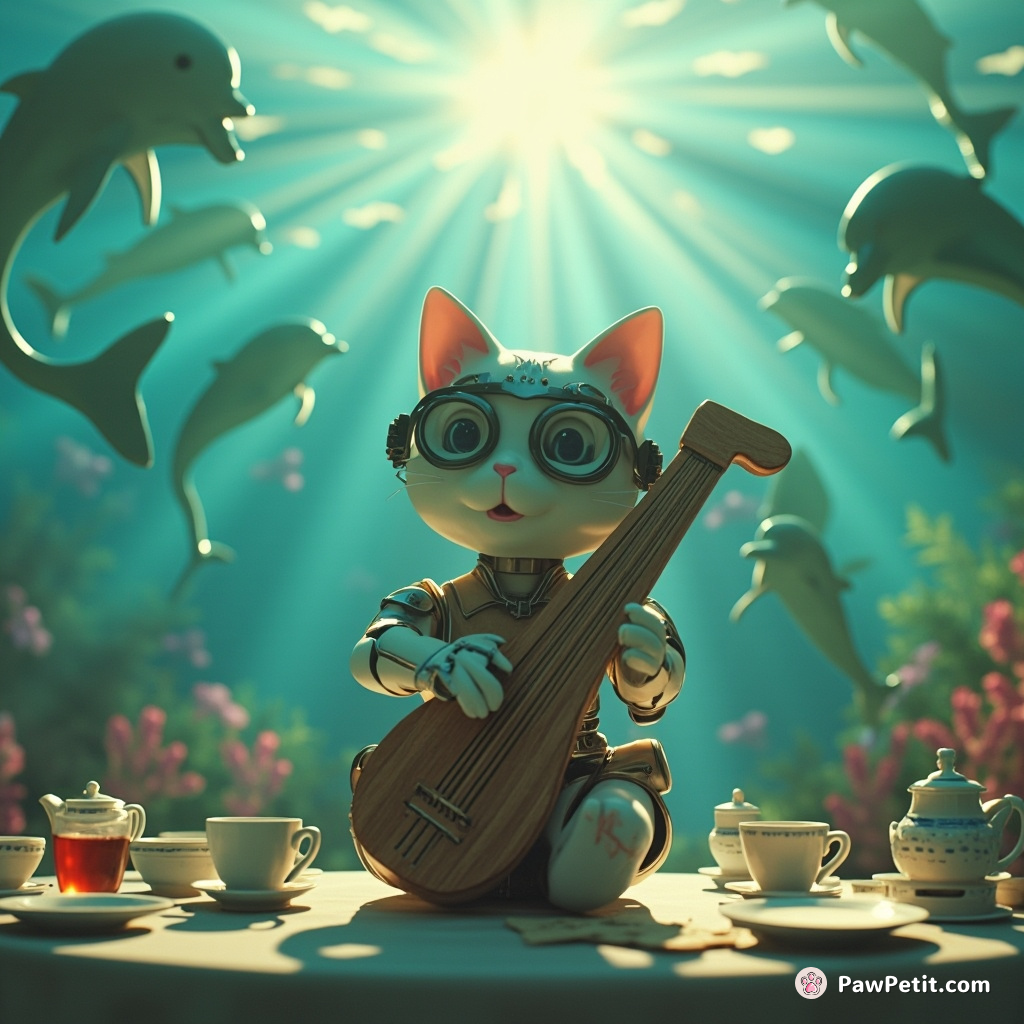 Cybernetic cat playing harp with dolphin-shaped sun rays in an underwater tea party.