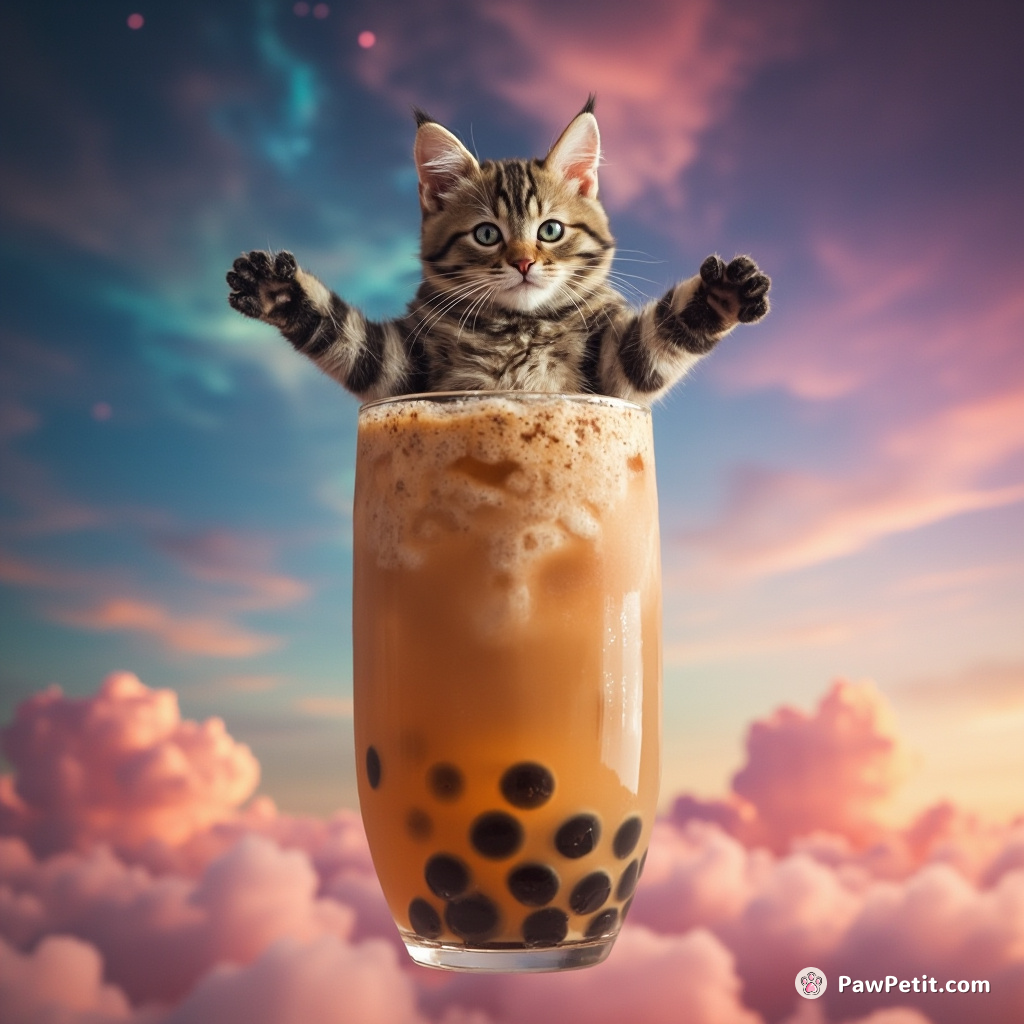 Cat tapdancing atop a floating, oversized glass of effervescent bubble tea against a multi-colored nebula skyline.