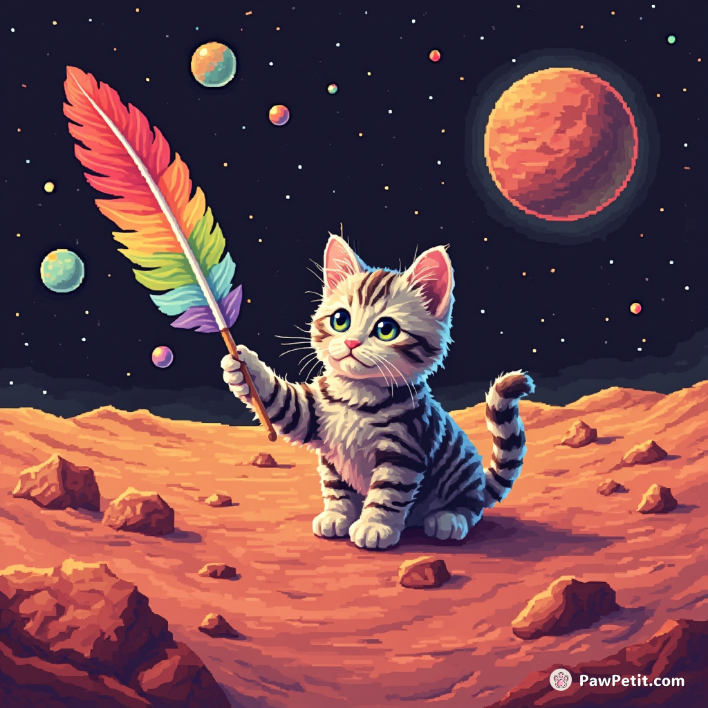 Cat painting a rainbow with an oversized quill on Mars.