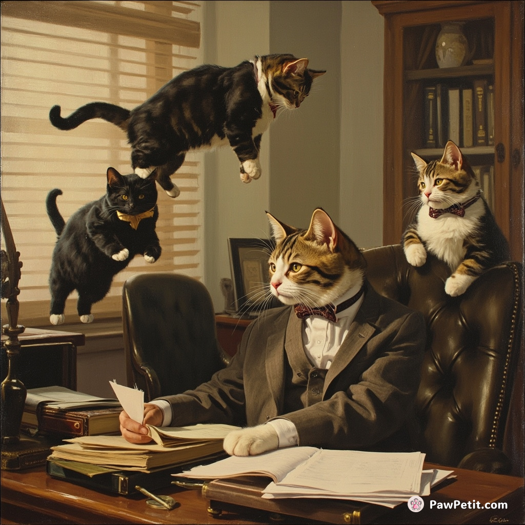 Stealthily jumping across office desks, cats adjust bow ties, exchange secret nods with the receptionist while filing documents.