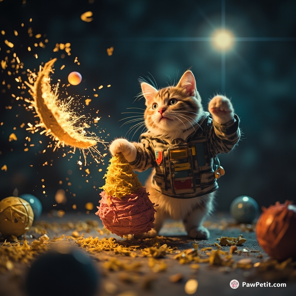 A space cat breaking a moon-shaped piñata with a cosmic ray at a star party.