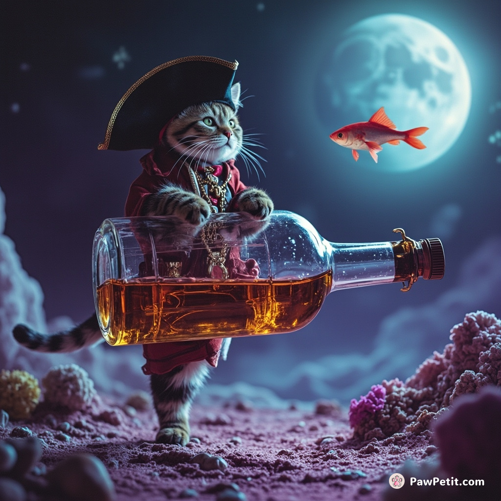 A pirate cat teaching a fish to swim inside a floating whiskey bottle in zero gravity.