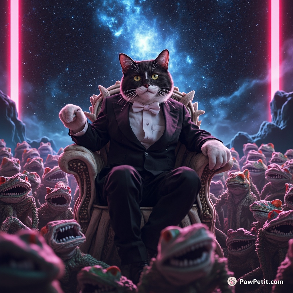 A tuxedo cat sitting on a throne of fish bones, addressing an audience of grinning chameleons, with the quasar sky above them.