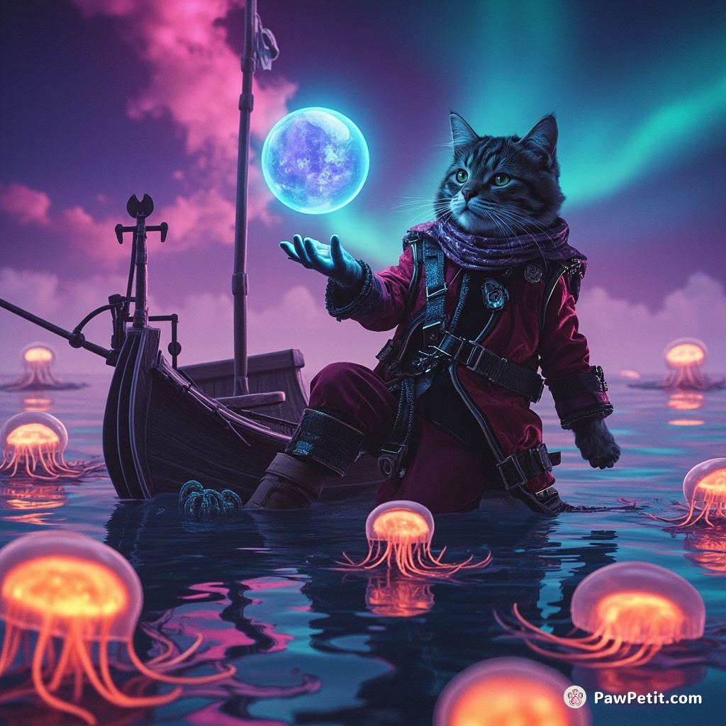 A cat dressed as a robot, juggling crystal balls atop a capsized pirate ship in neon-colored jellyfish-infested waters under the aurora-lit sky.