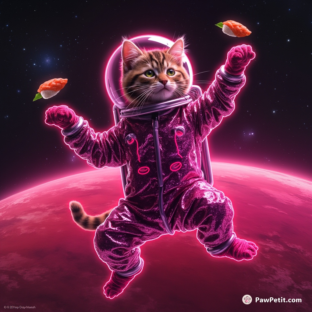 A spunky neon cat breakdancing on Jupiter's red storm in a sequined astronaut suit, juggling cosmic sushi.