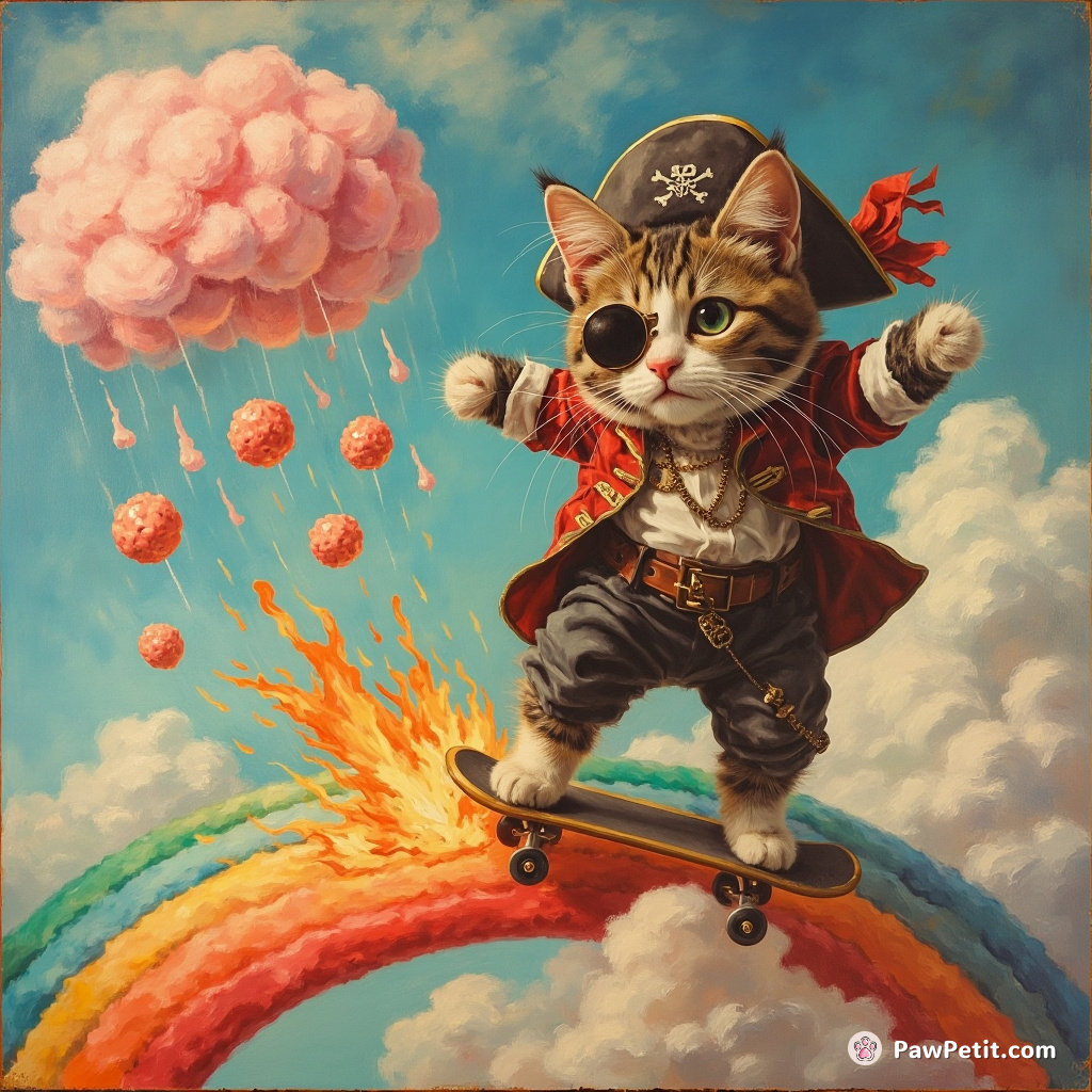 A one-eyed pirate cat skateboarding on rainbow's edge, dodging flaming meatballs falling from a candyfloss cloud.
