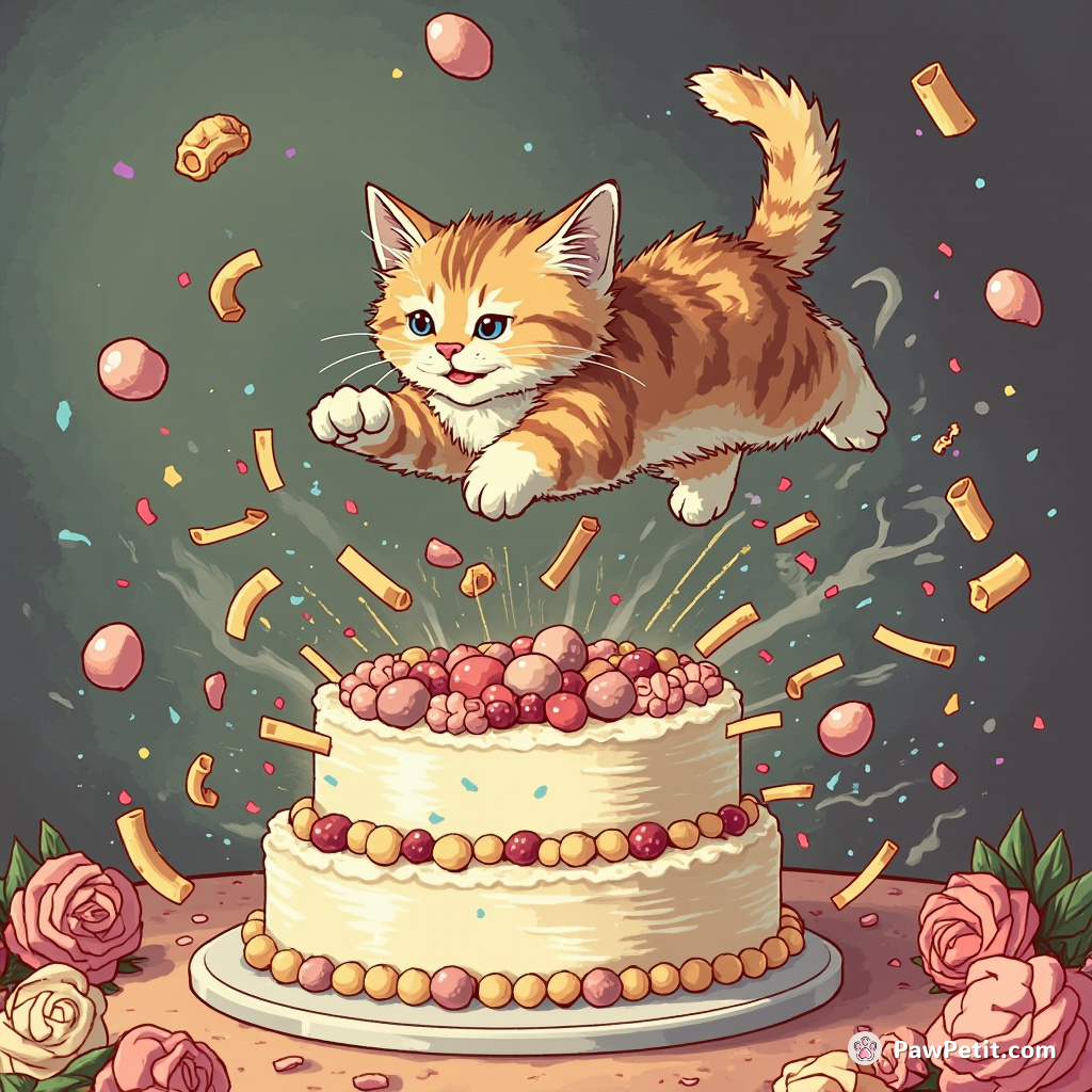 Fur on end, the cat leaps onto the wedding cake trying to escape a flurry of toppling decorations.