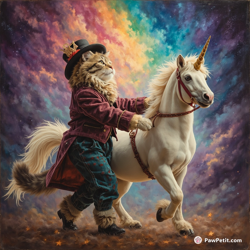 Cat in Victorian-era attire waltzing fancifully with a rainbow-colored unicorn under a vivid aurora.