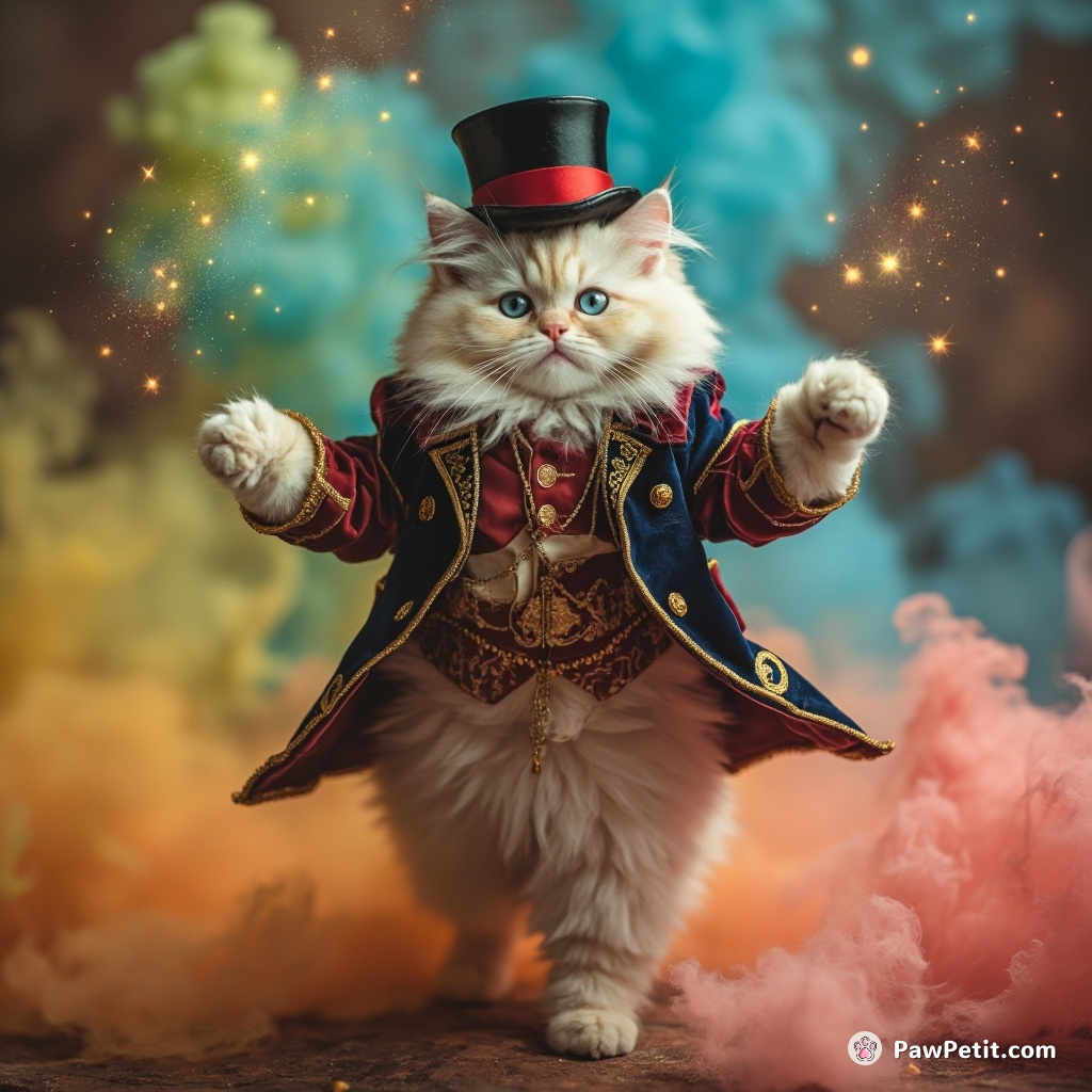 Cat walking on rainbow-coloured smoke trails in an antique circus outfit, juggling tiny galaxies.