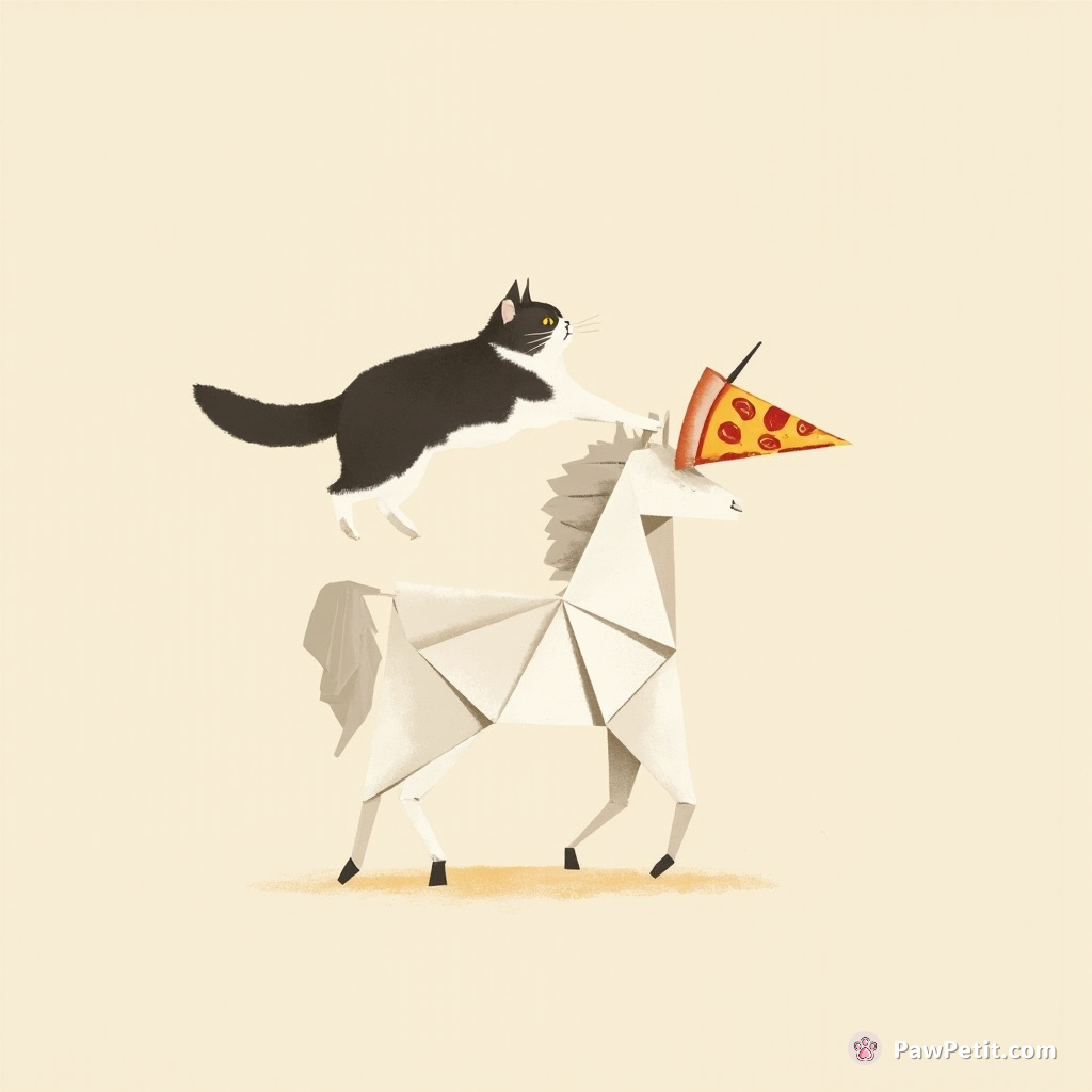 A cat jousting a unicorn on a pizza slice, riding an origami alpaca.