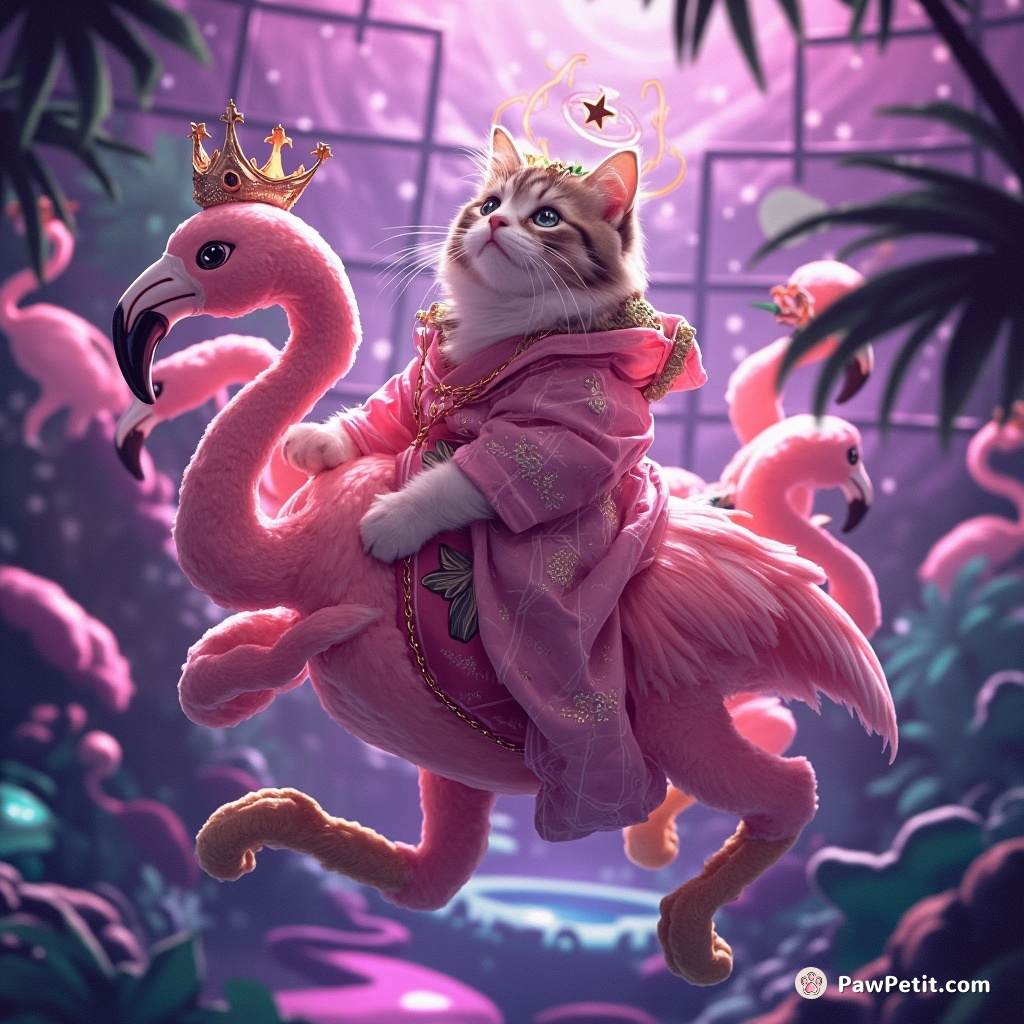 A cat wearing celestial robes riding a multi-headed flamingo through a neon jungle maze.