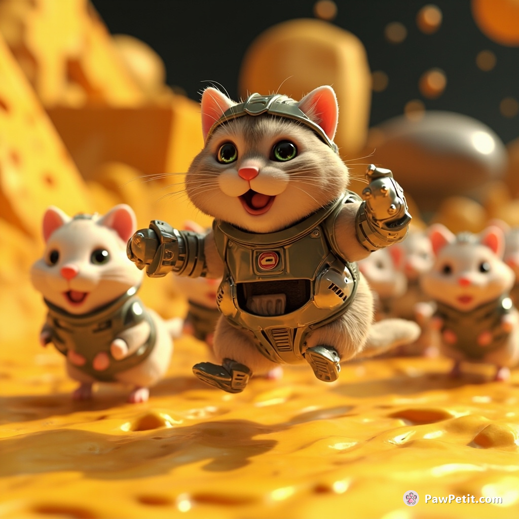 A cat proudly marching an army of mini cybernetic hamsters into a space station made of cheese.