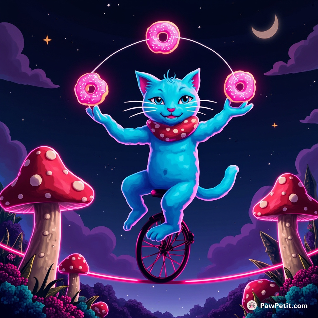 A neon blue cat juggling glowing raspberry doughnuts while riding a unicycle on a tightrope between two mushroom houses.