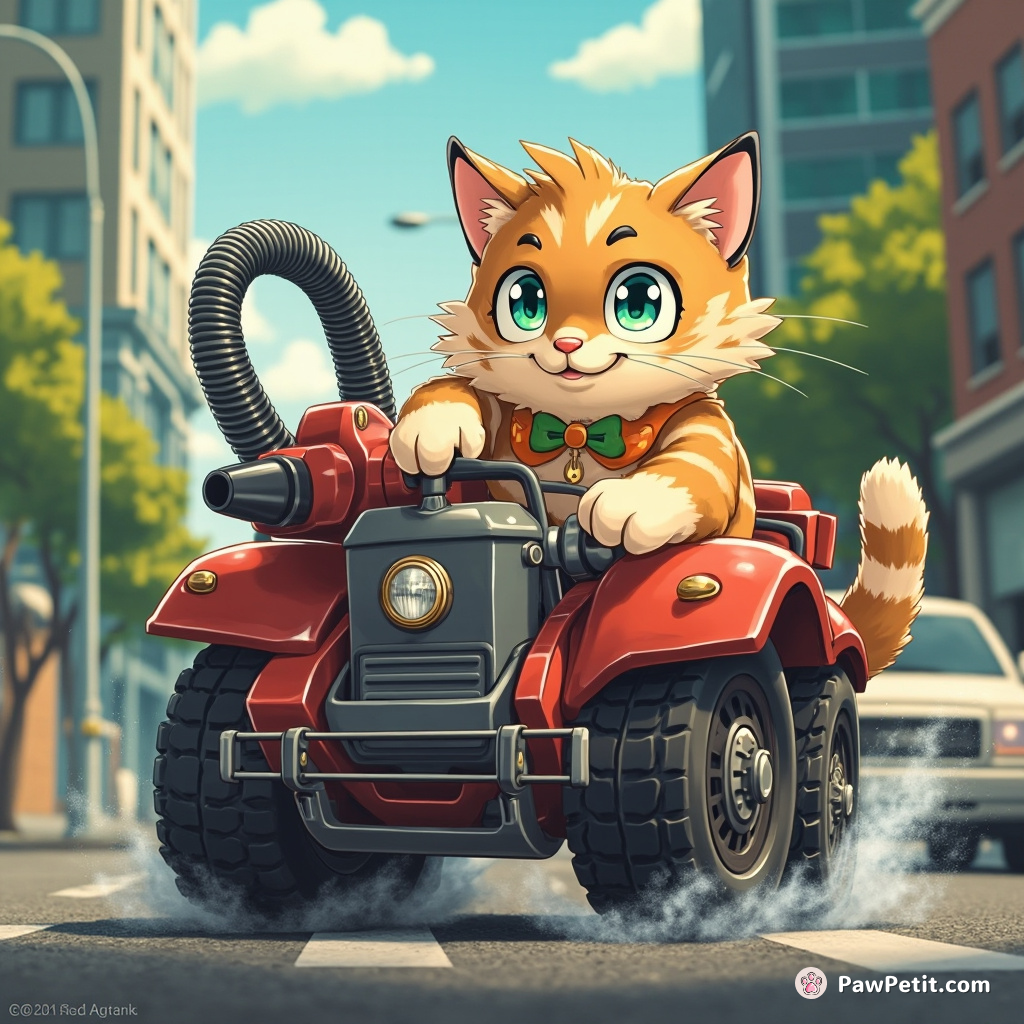 City Slicker", a purr-loin steak loving feline who attempts to parallel park his Fancy furred ride- the robo-vacuum.”