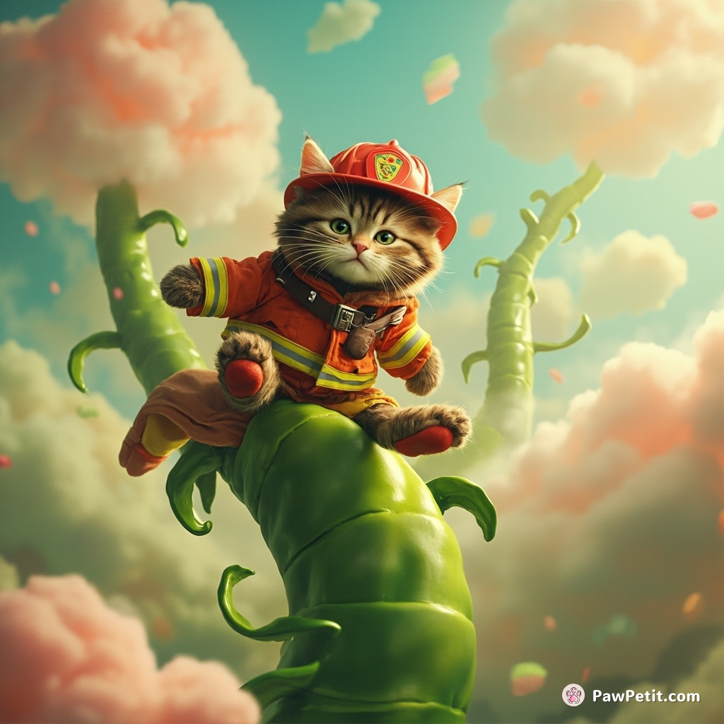 A tabby cat dressed as a firefighter sliding down an emerald green beanstalk amidst a tempest of cotton candy clouds.
