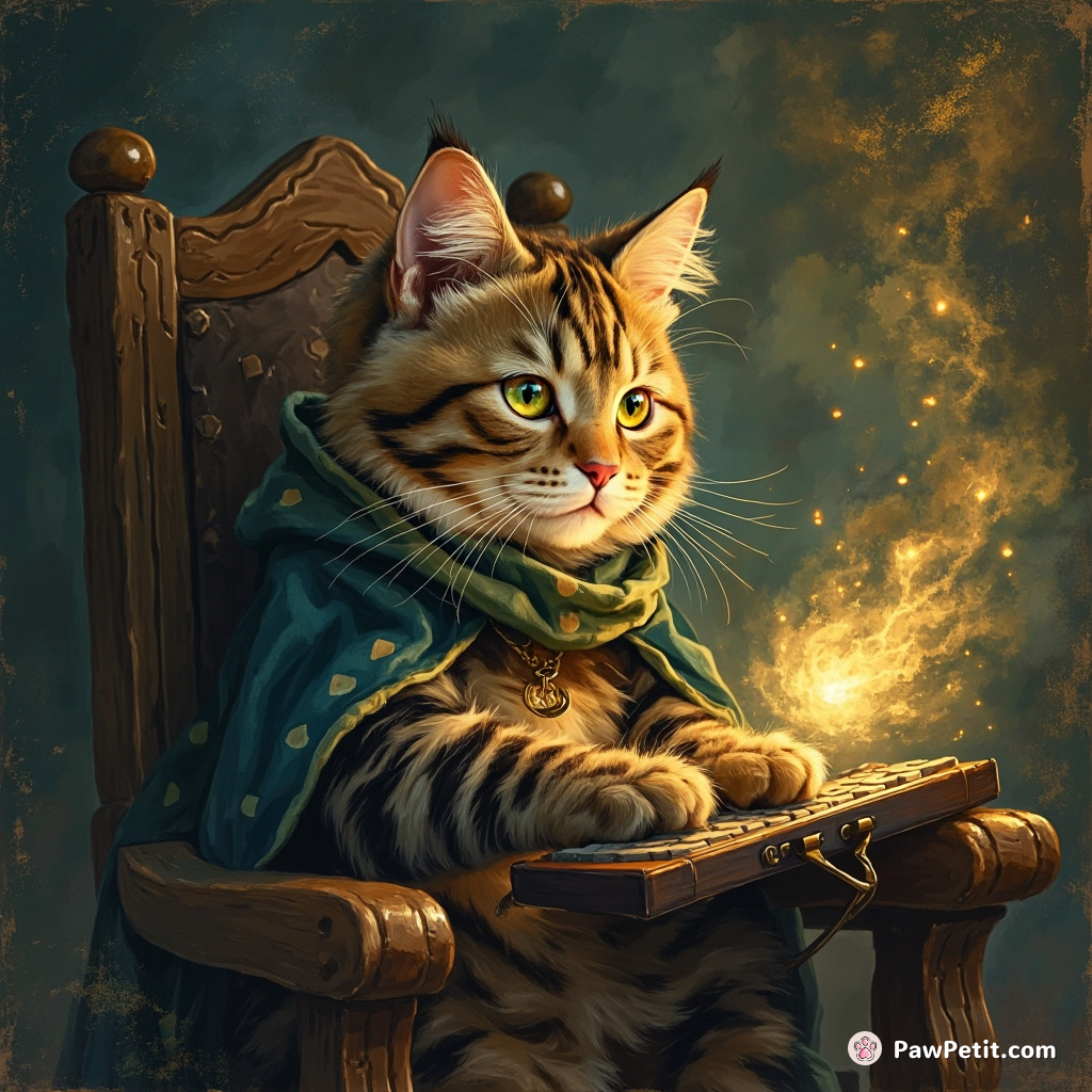 The cat sat upright in a chair, typing on a tiny keyboard with its paws, deeply engrossed in writing an email.