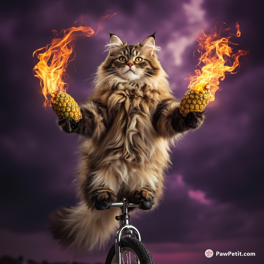 A regal Persian cat elegantly juggling flaming pineapples atop a shiny chrome unicycle, under a deep purple stormy sky.