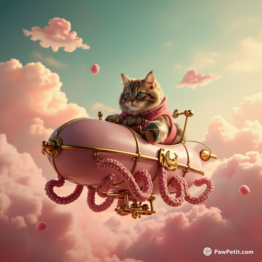 A steampunk cat flying a brass octopus-shaped airship through candy floss clouds under a raspberry sherbet sky.