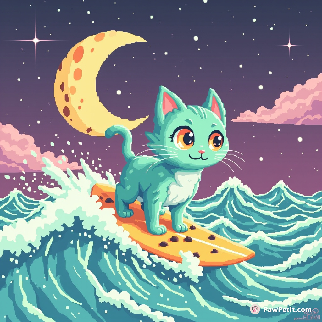 A teal cat surfing on moon cheese waves under a mint chocolate chip ice cream sky.