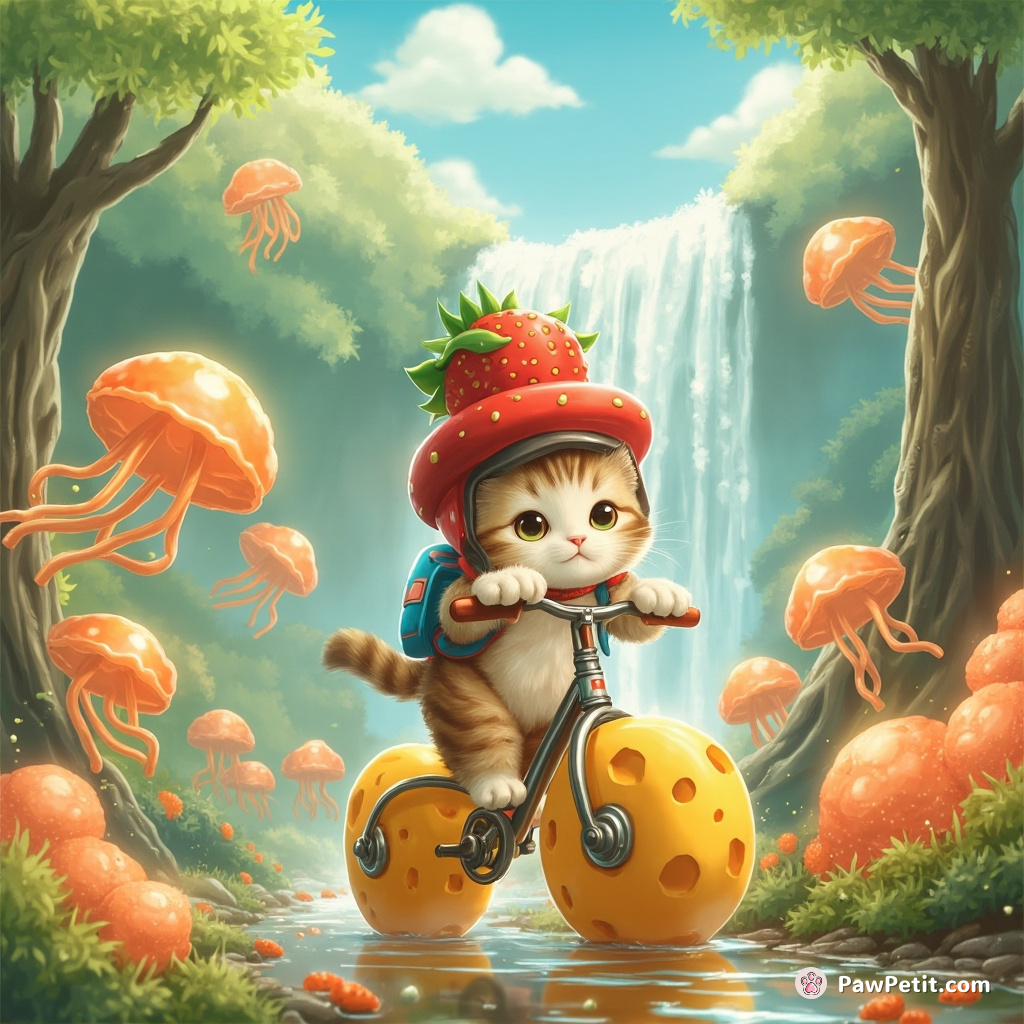 A cat wearing a strawberry-shaped helmet, biking on a cheese wheel, touring the Milky-jellyfish forest under an orange soda waterfall.