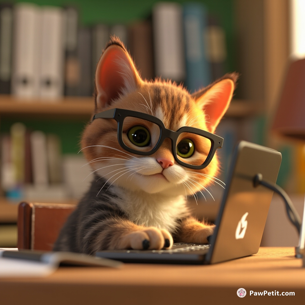 Cat sits at a tiny desk, wearing glasses, pretending to work on a miniature laptop with intense focus.