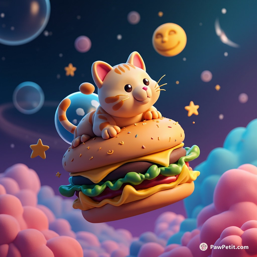 Cat doing the moonwalk on a cheeseburger in outer space.