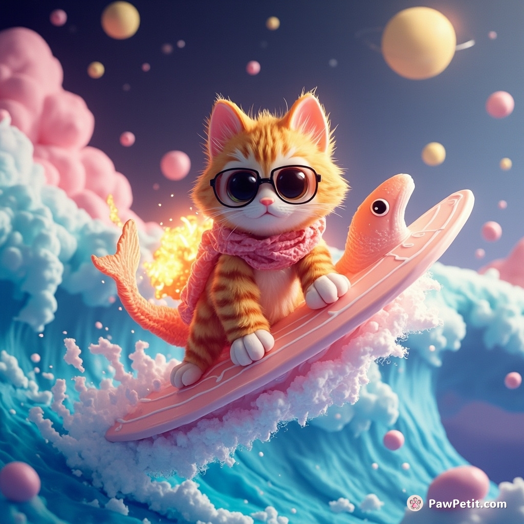 A cat using a spontaneously combusting fish as a surfboard while riding a candy floss tidal wave in space.