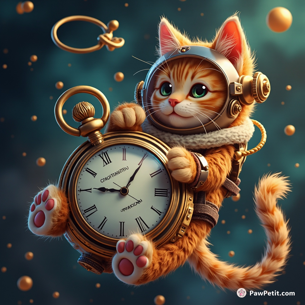 Steampunk cat repairing a gigantic pocket watch in zero gravity, adorned with comet-like tail.