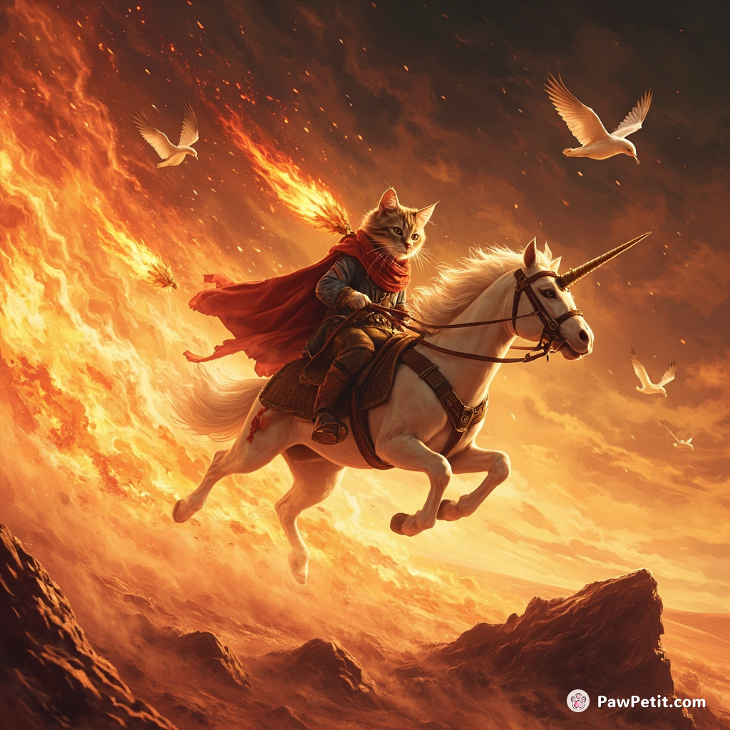 Cat pushing a flaming chariot driven by fired-breathing unicorn geese across the luminous crystal deserts of Mars.