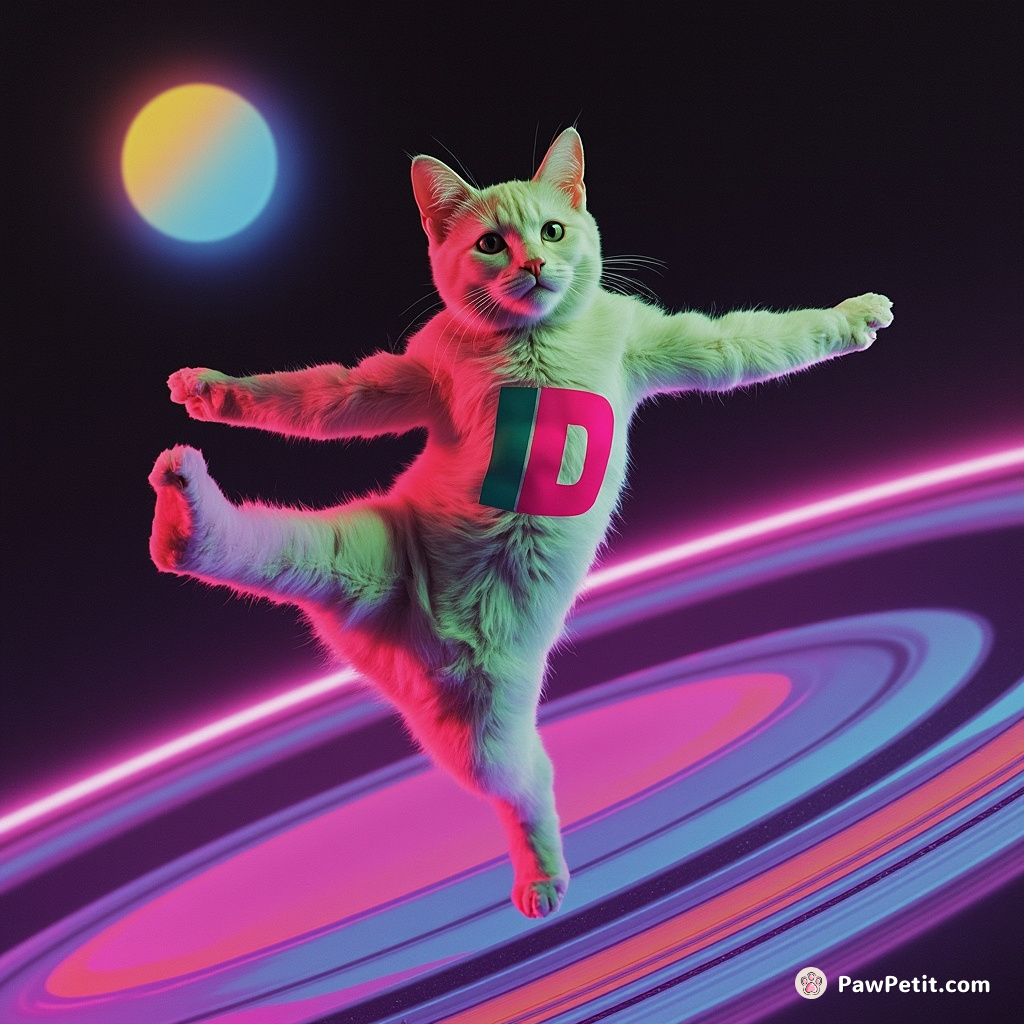 A neon-hued alien cat doing gymnastics on a rings of Saturn.