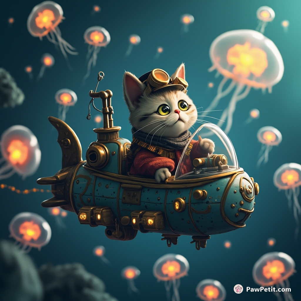 Steampunk cat operating an oddly-shaped submarine in a sea of glowing jellyfish.