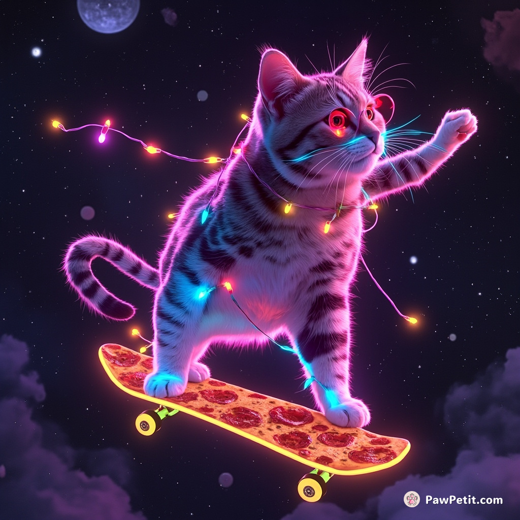 A giant cat tangled in neon holiday lights, skateboarding on a pizza slice in outer space.