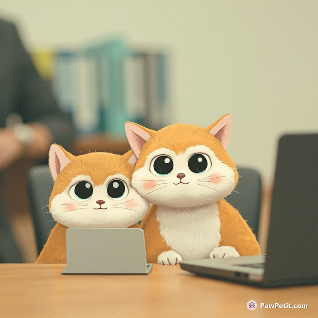 Fluffy feline spies stealthily infiltrate office meeting, taking notes on a tiny laptop.