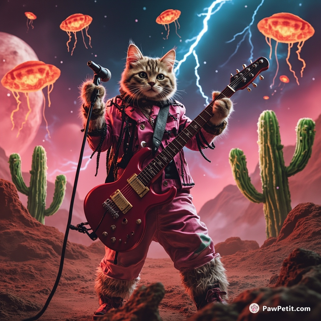 A punk rock cat dropping the mic after a mind-blowing concert on Mars, while jellyfish aliens applaud and flying pizzas zip past neon cactus plants.