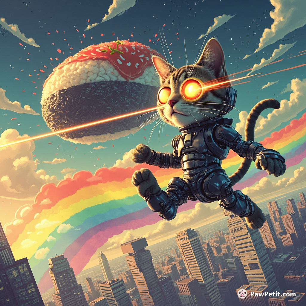Cybernetic feline shooting lasers from its eyes, destroying a giant sushi-shaped spaceship above Tokyo's rainbow skyline.