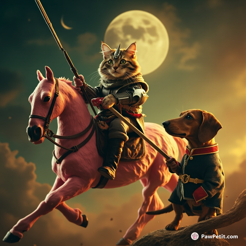 Cat knight riding a flamingo steed, jousting against a dachshund in Napoléon's uniform under an avocado moon.