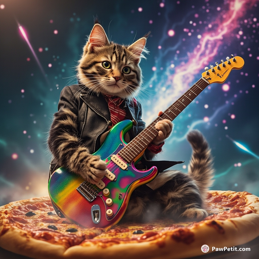 A punk rock cat shredding a rainbow guitar during a meteor shower on top of a giant flying pizza.