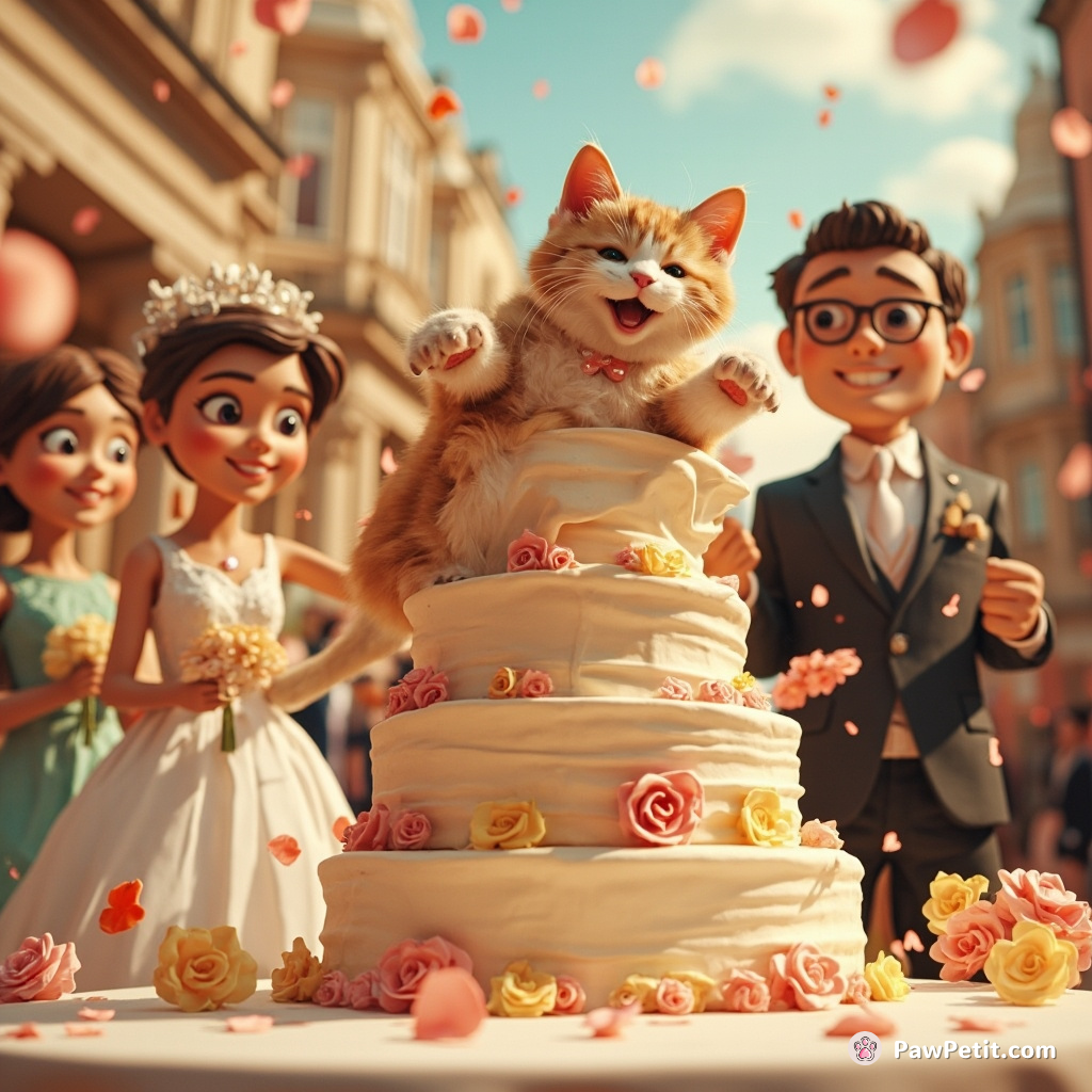Cat disrupts a busy wedding, vaulting across the cake table, entangling itself in the towering masterpiece.