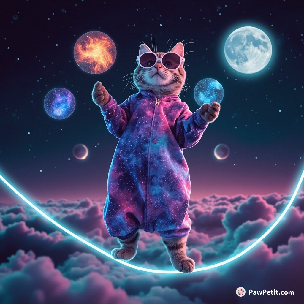 A galaxy-print cat juggling nebulae on a tightrope made of moonlight.
