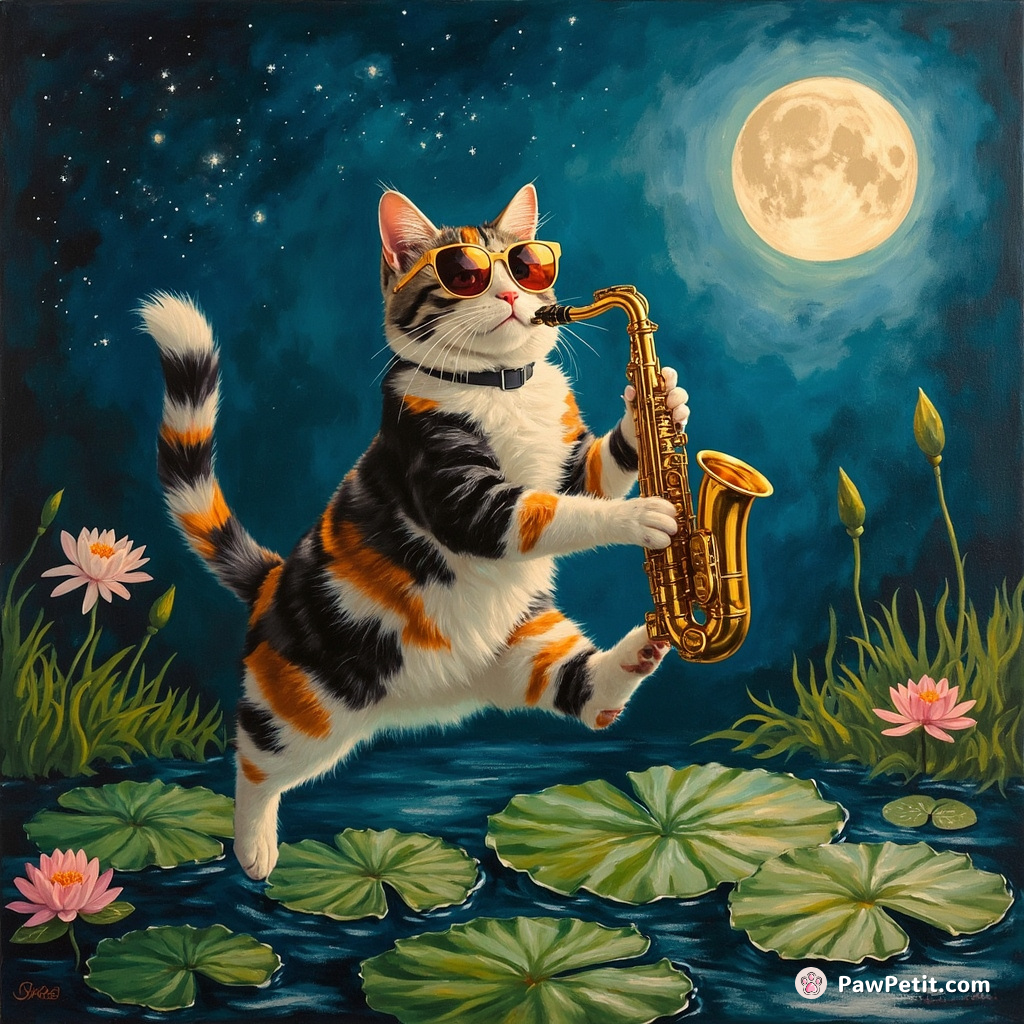 Multi-colored, lily pad-hopping cat wearing disco ball sunglasses serenading moon with sardine-shaped saxophone.
