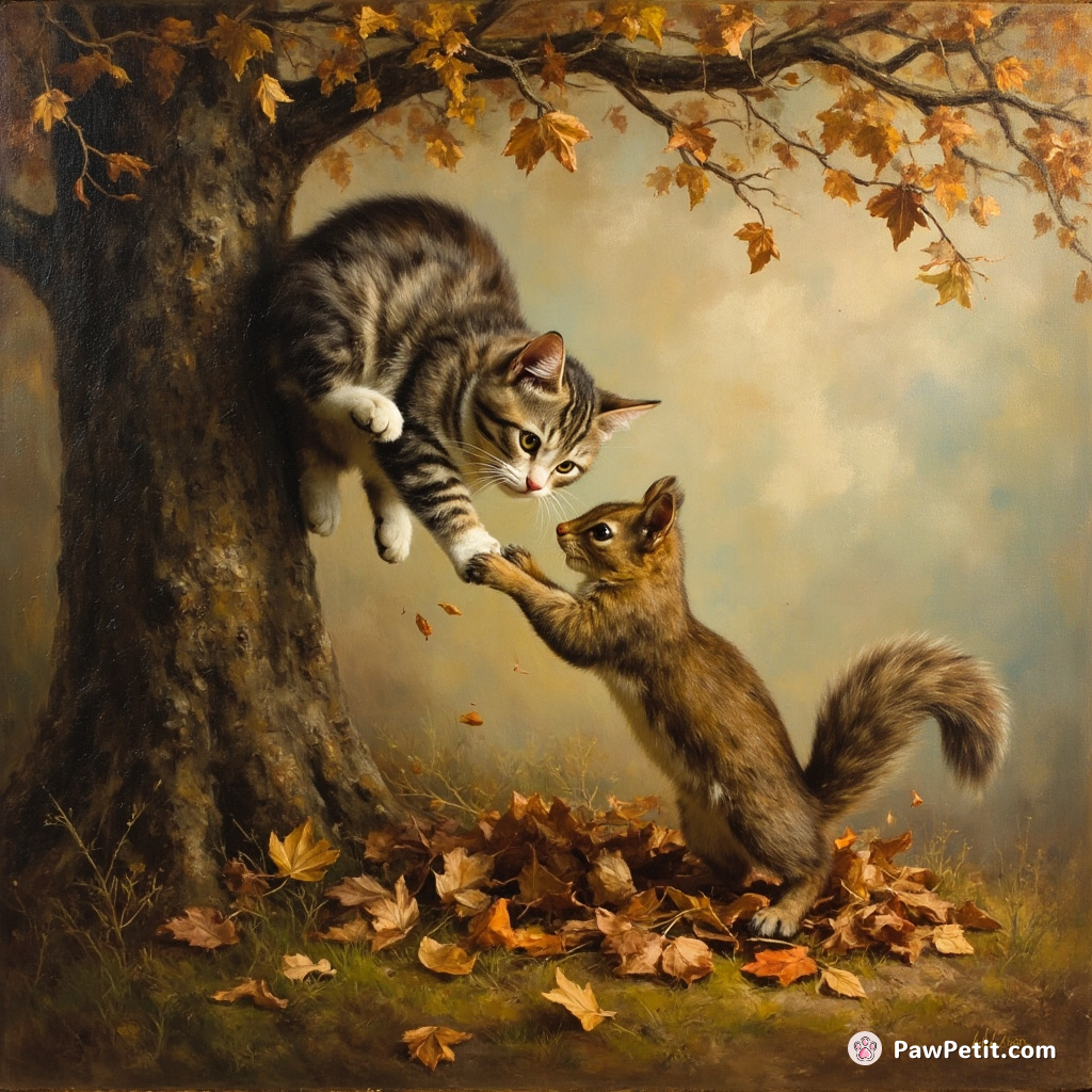 In a tree, a cat attempts a daring escape from a squirrel, only to somersault into a pile of leaves.