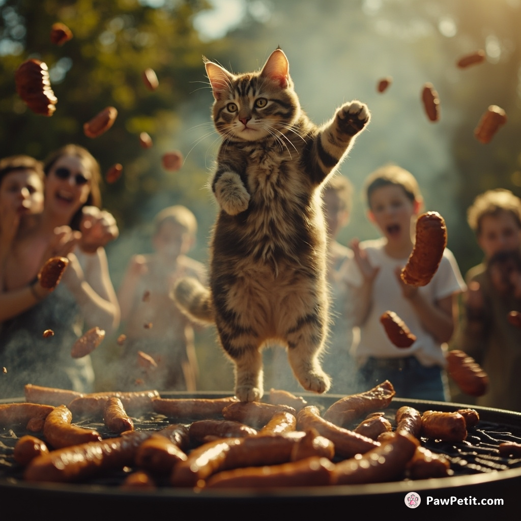 In wild abandon, the cat leaped onto the barbeque grill, dancing amidst horrified screams and flying roasted sausages.