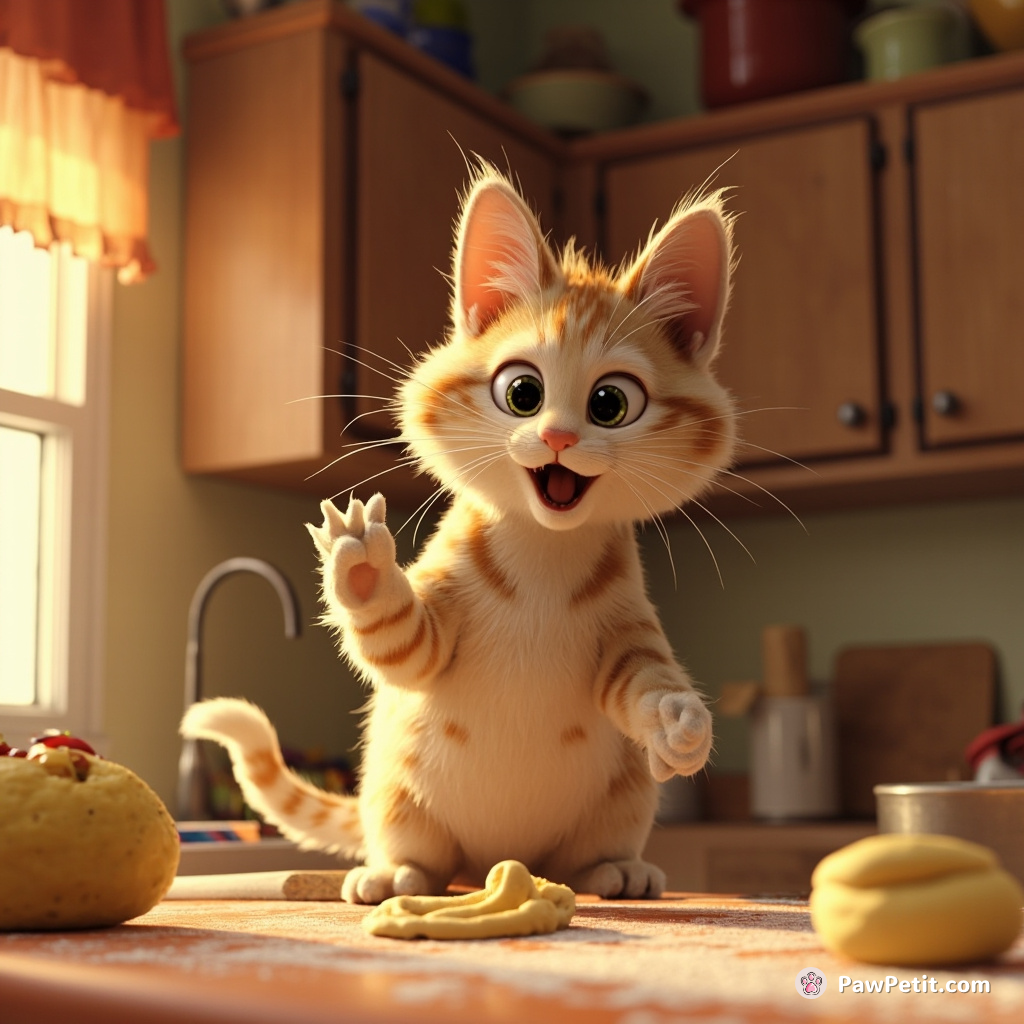 Sensing a celebrity cook-off, Whiskers leaps to the kitchen counter, expertly kneading dough with rare feline finesse.